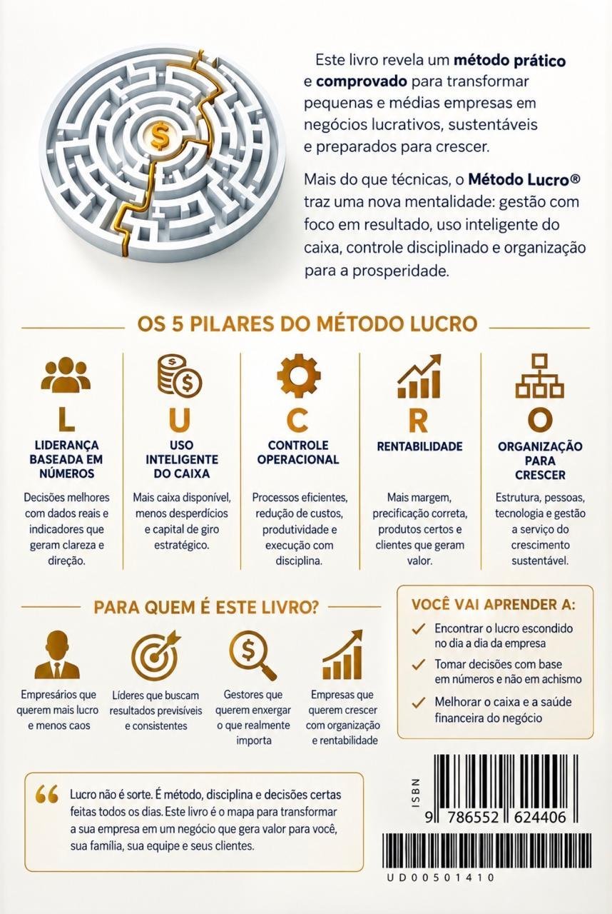 Contracapa do livro O Método LUCRO®, com os 5 pilares e o que você vai aprender